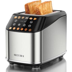 Secura 2 Slice Toaster, Fully Automatic Digital Stainless Steel Toaster with Countdown Timer & Keep Warm Function, 6 Browning Levels, Bagel/Defrost/Reheat/Single-Slice Modes, Removable Crumb Tray