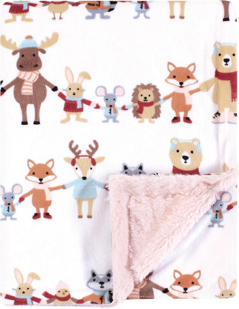 Hudson Baby Infant Girl Plush Blanket with Furry Binding and Back, Girl Winter Woodland Friends, One Size