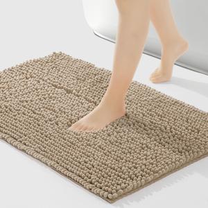 FRESHMINT Chenille Bath Rugs Extra Soft and Absorbent Microfiber Shag Rug, Non-Slip Runner Carpet for Tub Bathroom Shower Mat, Machine-Washable Durable Thick Area Rugs (Light Brown, 24" x 17")