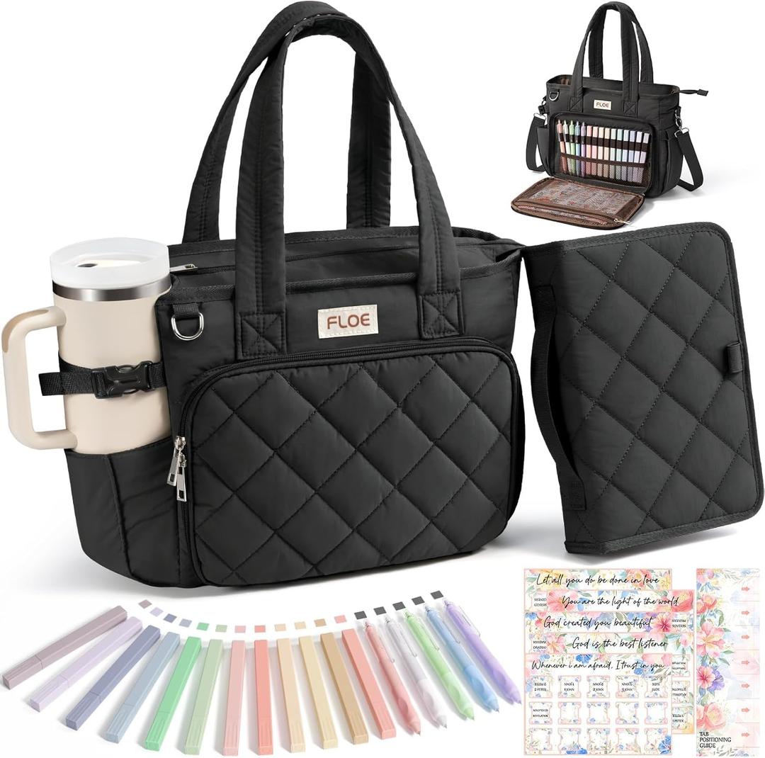 Large Bible Bag w/Bible Cover Case for Women, Puffer Bible Tote Bag Quilted Church Bag Book Carrying Case w/Shoulder Strap, Bible Study Supplies Journaling Kit Accessories Women Christian Easter Gift