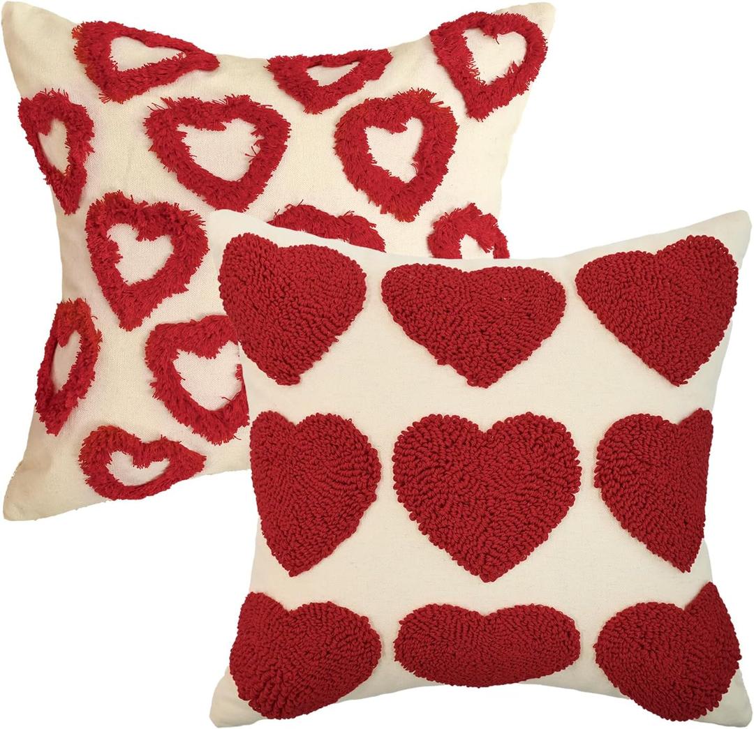 AVOIN colorlife Valentine's Day Love Heart Beige Red Throw Pillow Covers Set of 2, 18 x 18 Inch Anniversary Wedding Home Decor Couple Present Valentine Gift Cushion Case for Home Sofa Couch