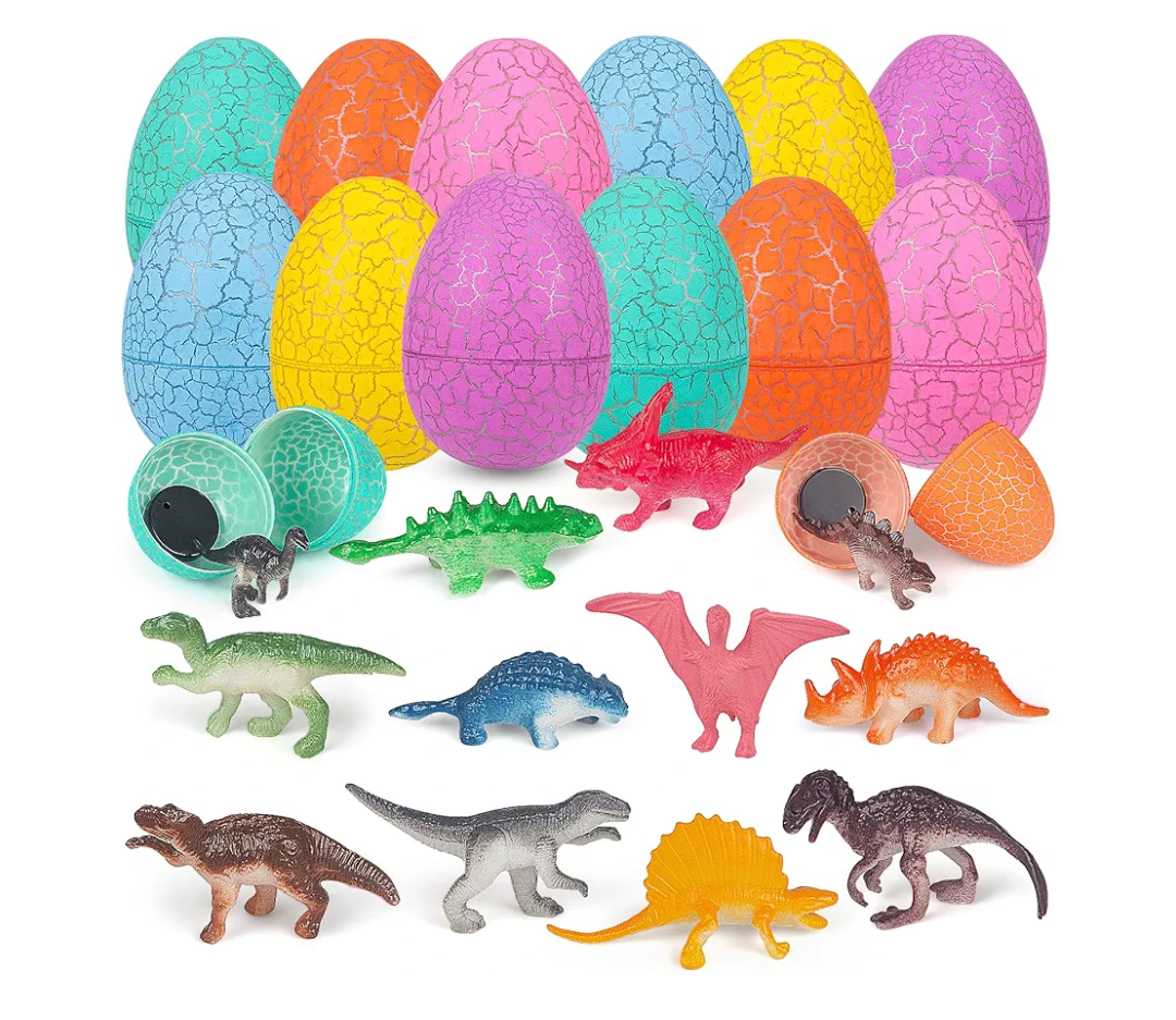 Easter Eggs Filled with Dinosaur Toys Fillers Plastic Surprise Eggs Easter Basket Stuffers Party Favors for Kids Boys Girls Toddlers 24 Pack.