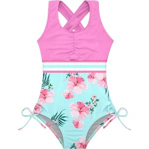 BFUSTYLE Girls One Piece Swimsuit Cute Striped Bathing Suit Hawaii Swimwear 6-17 Years (10-11 Years, Floral 3)