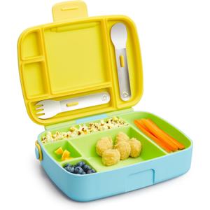 Munchkin Lunch Bento Box for Kids and Toddlers, Includes Stainless Steel Utensils, BPA-Free, 18 Months and Up, Blue/Green/Yellow