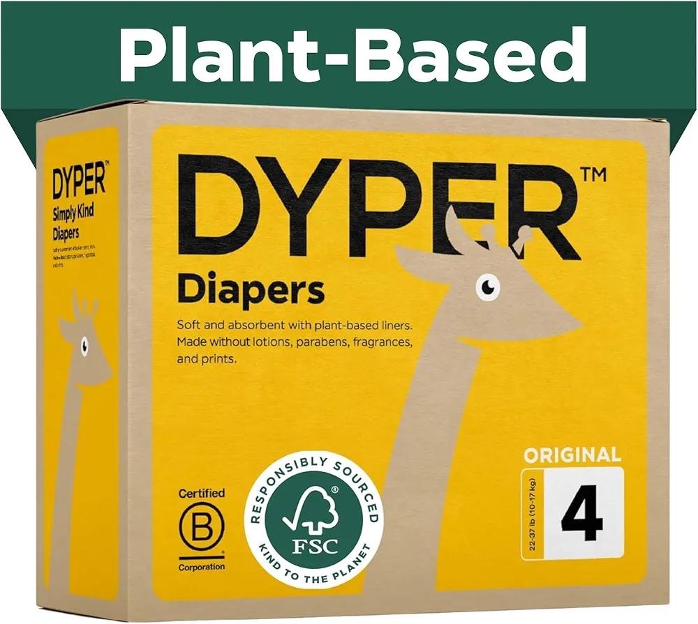 DYPER - Baby Diapers Hypoallergenic Cloth Alternative Day & Overnight Protection - Made with Plant-Based* & Honest Ingredients - Size 4 (144 Count)