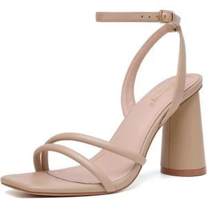 RIBONGZ Block Heels Prom Heeled Sandals for Women Chunky Square Open Toe Strappy High Heels Ankle Strap Wedding Bridal Shoes High Heel Sandals for Party Dress (8.5, Nude)