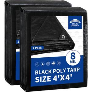 Small Black Tarps 4x4 Feet (2 Pack), UV Resistant, 8 Mil Multipurpose Medium Duty Waterproof Poly Tarp Cover with Metal Grommets and Reinforced Edges by RAINDEWAY