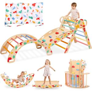 wingyz Pikler Triangle Climbing Set with Cushion,Foldable 8 in 1 Jungle Gyms for Toddlers 1-3, Indoor Playground for Kids,Baby Montessori Climber GiftRainbow