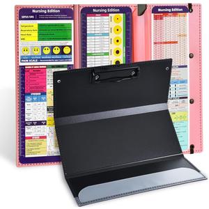 Vuzvuv Nursing Foldable Plastic Clipboard 3 Layers with Medical Edition Cheat Sheets, Pink Pocket Foldable Nurse Clip Boards Notepad for Students,Doctors and Medical Staff