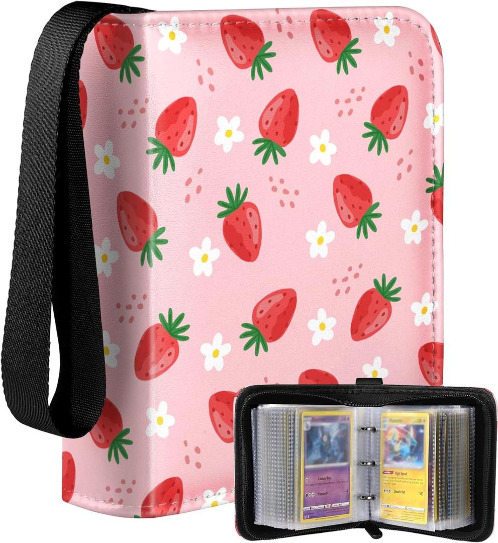 for 1 Pocket Card Binder Mini Size for 80 Cards - Small Trading Card Collection Album Folder Lightweight Portable PK Strawberry Design for Girls Girly Teens Kids for Sports Cards Game Cards