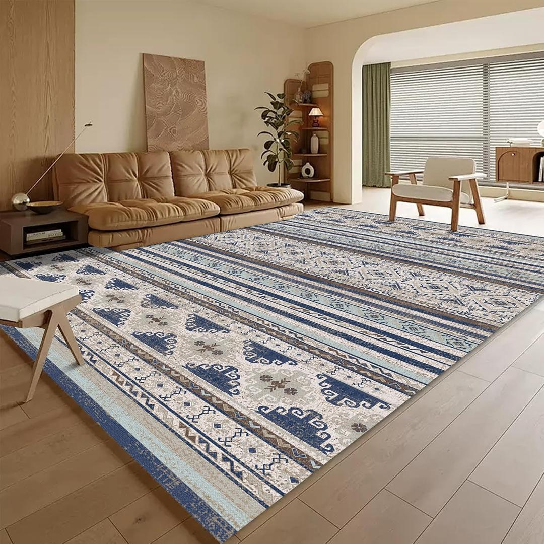 RUGSURE Washable Area Rugs 9' x 12' - 1/6 Thick - Moroccan-Inspired -Stain & Water Resistant Non-Slip - Resistant Rug for Living Room, Bedroom, Nursery, Pet & Child Friendly (Blue and Brown)