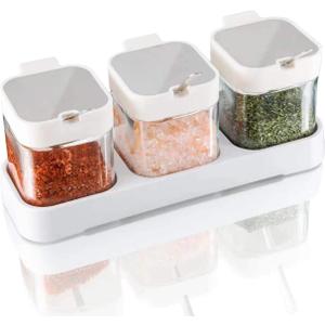 Mlici 8.6 oz Condiments Container Seasoning Jars, Kitchen Spicy Jars with Lids and Spoons, Tea Coffee Sugar Canisters Glass Spice Box, Set of 3, Containers, White