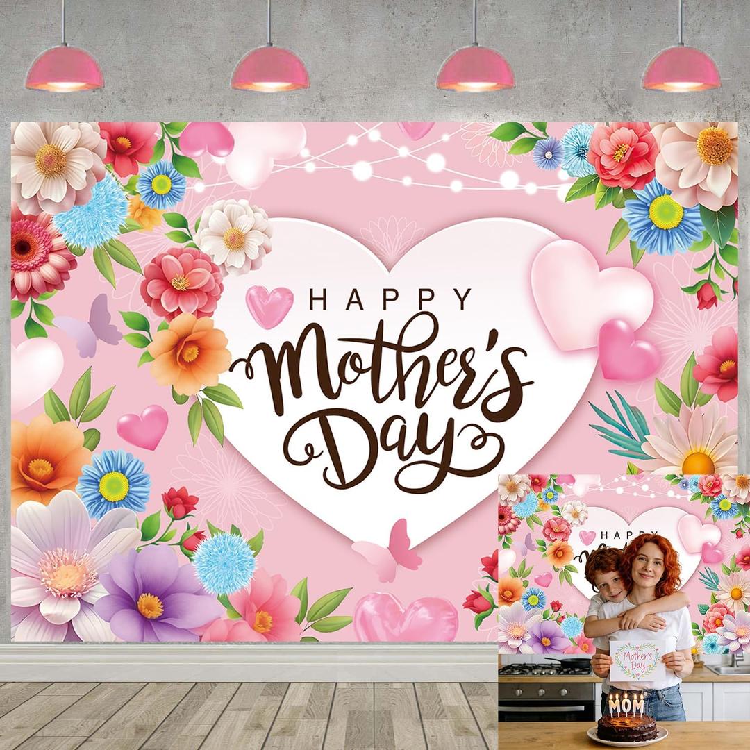 Happy Mother's Day Backdrop Pink Flowers Heart Mothers Day Background Mother's Day Birthday Party Thanks Mom Decorations Banner 94X70 inch (8x6FT)