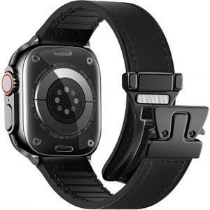 Magnetic Leather Bands Compatible with Apple Watch 49mm 46mm 45mm 44mm 42mm 41mm 40mm 38mm for Men Women, Genuine Leather with Magnetic Buckle for iWatch Ultra 1/2 Series SE/10/9/8/7/6/5/4/3 (Black&Black clasp)