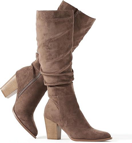 Putu Women's Pointed Toe Knee High Boots Faux Suede Slouch Boots with Chunky Heel, Size 9