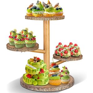 Primo Lines 4 Tier Round Wooden Cupcake Stand, Wood Cake Stand with Tiered Tray Decor, Farmhouse Cupcake Tower Dessert Stands Decor, Cupcake Display for Baby Shower Birthday Graduation Tea Party, Brown 