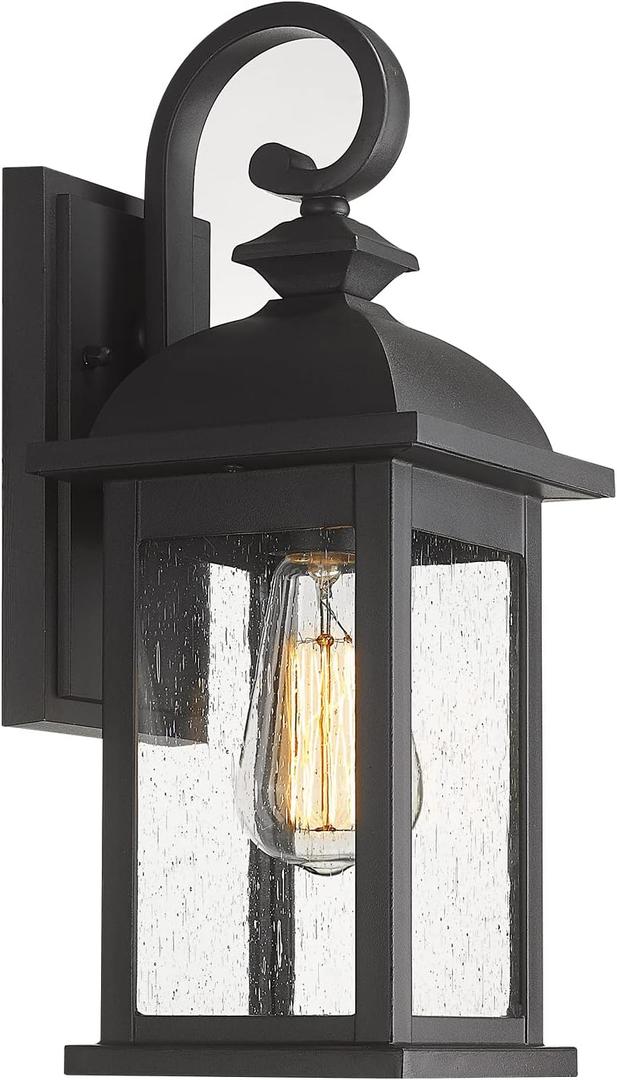 FEMILA Outdoor Wall Sconce, 14.9" Matte Black Seeded Glass Outdoor Sconce Lights, Front Porch Light Fixtures Wall Mount, Garage Lights for Patio, Entryway, Garden, E26 Base, 4FD54B BK (15")