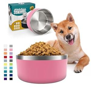IKITCHEN Dog Bowl for Food and Water, 40 Oz Stainless Steel Pet Feeding Bowl, Durable Non-Skid Double Wall Insulated Heavy Duty with Rubber Bottom for Medium Large Dogs (40 Ounces/ 5 Cup, Pink)