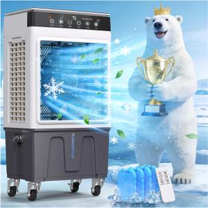 Swamp Cooler Air Conditioner, 4-in-1 Evaporative Air Cooler with 7.5-Gal Water Tank, 4 Modes, 3 Speeds, Dry Burn Protection, Remote, 12H Timer, Portable Windowless AC for Home, Office, Garage