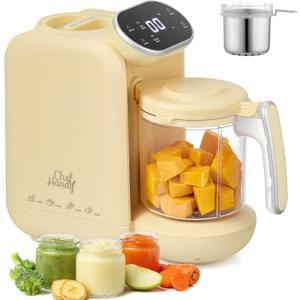 Chefhandy Baby Food Maker, Steamer & Blender with Stainless Steel Basket, Puree Maker with Auto/Manual Blend, Bottle Warmer & Sterili-zer, Safe & Easy-to-Clean Compact Baby Food Processor (Yellow)