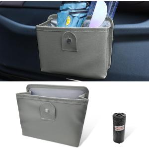 BDZMC Car Trash Can, Hanging Storage Container Dustbin, Foldable Garbage Organizer, Leather Mini Car Trash Bin with One Roll Trash Bag, Universal Car Accessories for Vehicles Home Office (Grey)