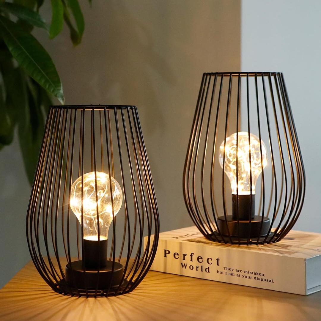 TRIROCKS Metal Cordless Table Lamp - 8'' Tall Set of 2 Cage Shape Battery Operated Lamp with Fairy Lights Bulb for Indoor/Outdoor Use Perfect for Christmas Garden and Weddings (Black,Set of 2)
