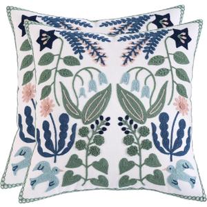Flower Embroidered Throw Pillow Covers 16x16 Pack of 2 Green Leaves with Birds Floral Tufted Pillowcases Spring Summer Decor Coastal Pillow Cushion Cases Square Navy Blue Flower Pillow Case