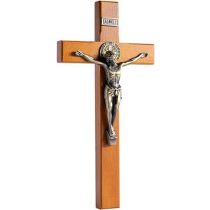 KUXBET Crucifix Wall Cross Wooden Jesus Christ Catholic Hanging Wall Cross for Home Decor 10 Inch Cross For Wall Golden Oak (10" L x 4.9" W)