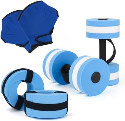 NEAGLORY 6 Pieces Aquatic Exercise Set Water Aerobics Set Pool Fitness Equipment Foam Water Dumbbell, Swim Aquatic Cuffs, Swimming Gloves for Exercise, Blue