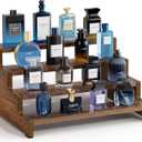 ZUJJAFY Cologne Organizer for Men, 4 Tier Wooden Cologne Stand Mens Fragrance Shelf, Tiered Wood Risers Display Stands for Perfume, Cupcake, Figures, Dessert, Brown