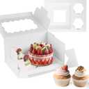 10 Packs Bento Cake and Cupcake Box 3 Holes Fit 2 Cupcakes and 1 Mini Cake Box with Clear Window and Stickers for Cake Cupcake Cookie or Easter and MotherDay. (1+2/10pcs)