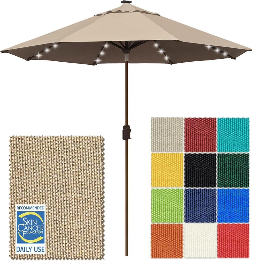 EliteShade USA 10-Year-Non-Fading 10ft Market Patio Umbrella, Commercial Grade Table Sun Umbrella with 80 Solar LED Lights, Crank Open, Windproof & UPF 50+ UV Protection for Garden, Deck, Pool, Backyard, Heather Beige
