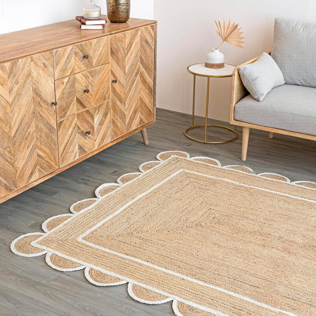 Scalloped Natural Jute Area Rug, Natural Base Off White Trim, 4x6 (4' x 6' (Rectangular))