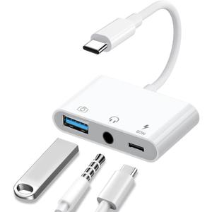 Aux to USB C to USB Adapter, 3-in-1 USB OTG Adapter with USB C to 3.5mm Audio Adapter and 60W PD Fast Charging Port, Compatible with iPhone15/16/17, iPadPro, MacBook, Galaxy S23 and More