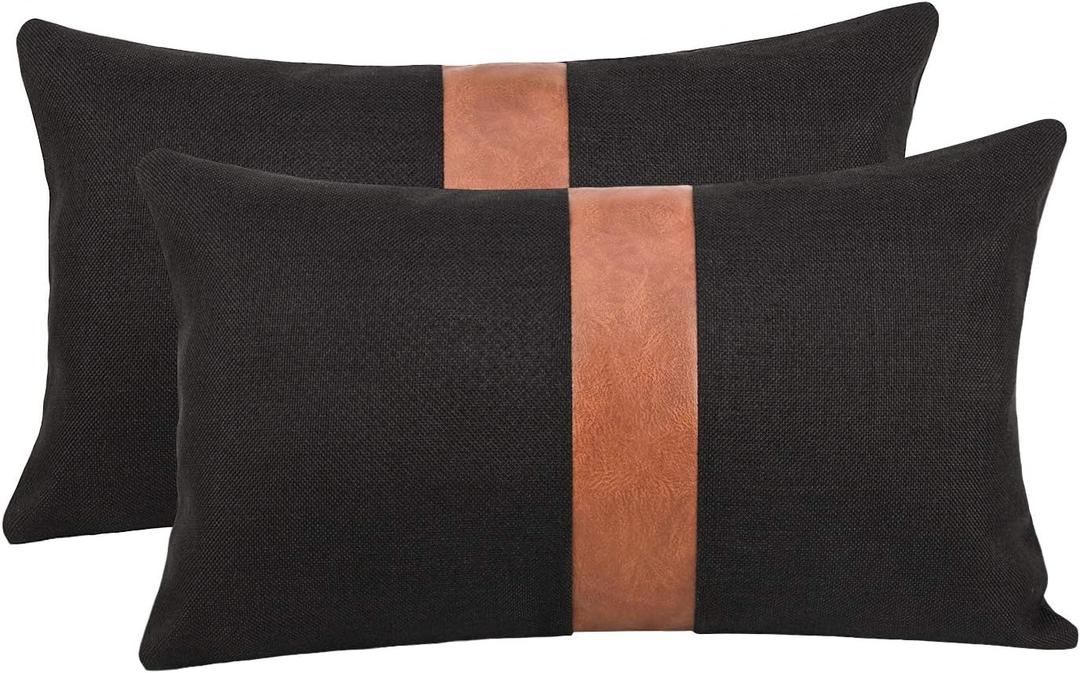 Cygnus Set of 2 Black Linen Patchwork Faux Leather Throw Lumbar Pillow Covers for Couch Living Room Bedroom,Modern Accent Decor Lumbar Covers 12X20 inch, Brown and Black (12" x 20" (Pack of 2))