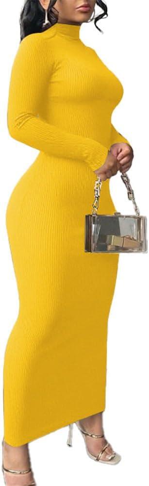 Nimsruc Women Bodycon Maxi Dress Long Sleeve Casual Long Dresses (XX-Large, 6953 Yellow)