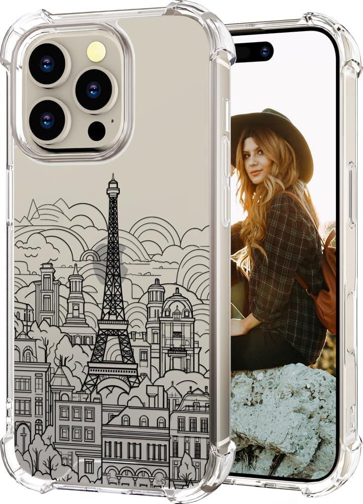 Hungo Compatible for iPhone 16 Pro Max Case, Thin Slim Cute Girly Skin Cases Protector with Airbag Bumper for Women Girls (Clear Eiffel Tower Paris)