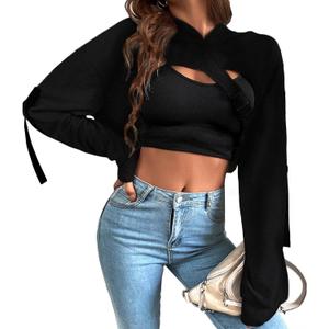 BEJONS Women Long Sleeve Cropped Super Crop Top Hoodies Sweatshirt Aesthetic Punk Hip Hop Dance Sexy Rave Cloth (Black, M)