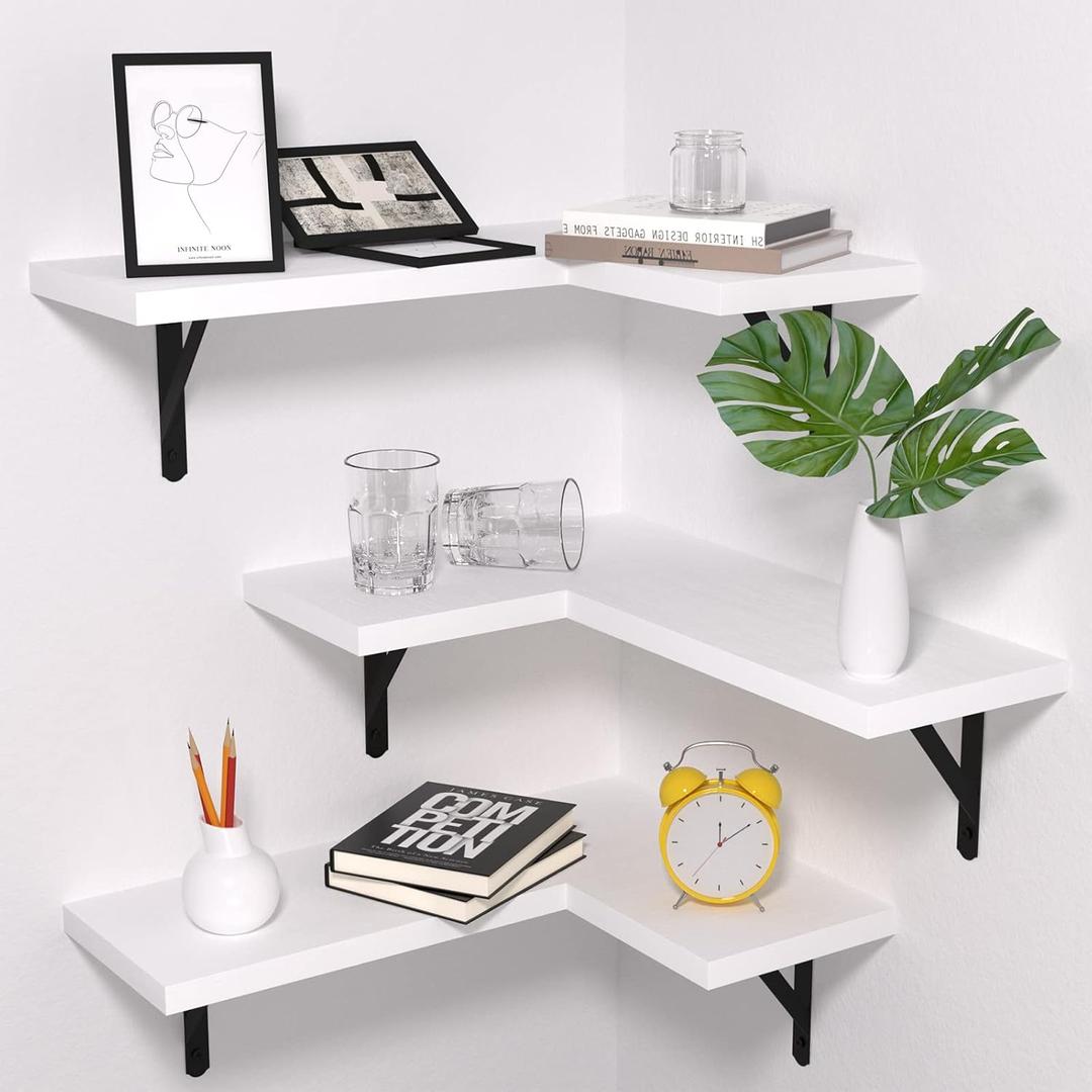 NATURE'S SOURCE Corner Floating Shelves Set of 3, Corner Shelves Wall Mounted, for Bedroom Kitchen Living Room Bathroom Office- Gothic Style (White, Set of 3)