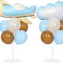 Airplane Baby Shower Birthday Party Decorations Balloons Stand Kit 2 Sets with 2 Airplane Cloud Foil Balloons Baby Boy Shower Balloon Centerpiece for Table for Kid Time Flies 1st Birthday Party Decor