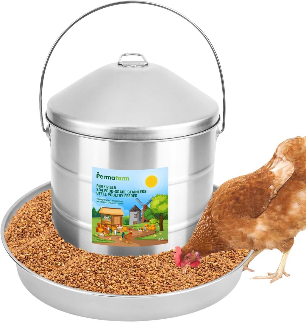 Permafarm Automatic Chicken Feeder 8KG/17.6lbs, Authentic 304 Food-Grade Stainless Steel Poultry Feeder | Heavy-Duty 0.9mm Metal Thickness, Top-Fill Design, Rust-Free & Built for Life-Long Durability