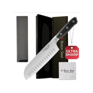Boston Steel Santoku Knife 7 Inch – Ultra Sharp High Carbon Stainless Steel Kitchen Knife, Professional 7” Santoku Knife with Ergonomic Handle for Home & Restaurant, Culinary Cooking Knife