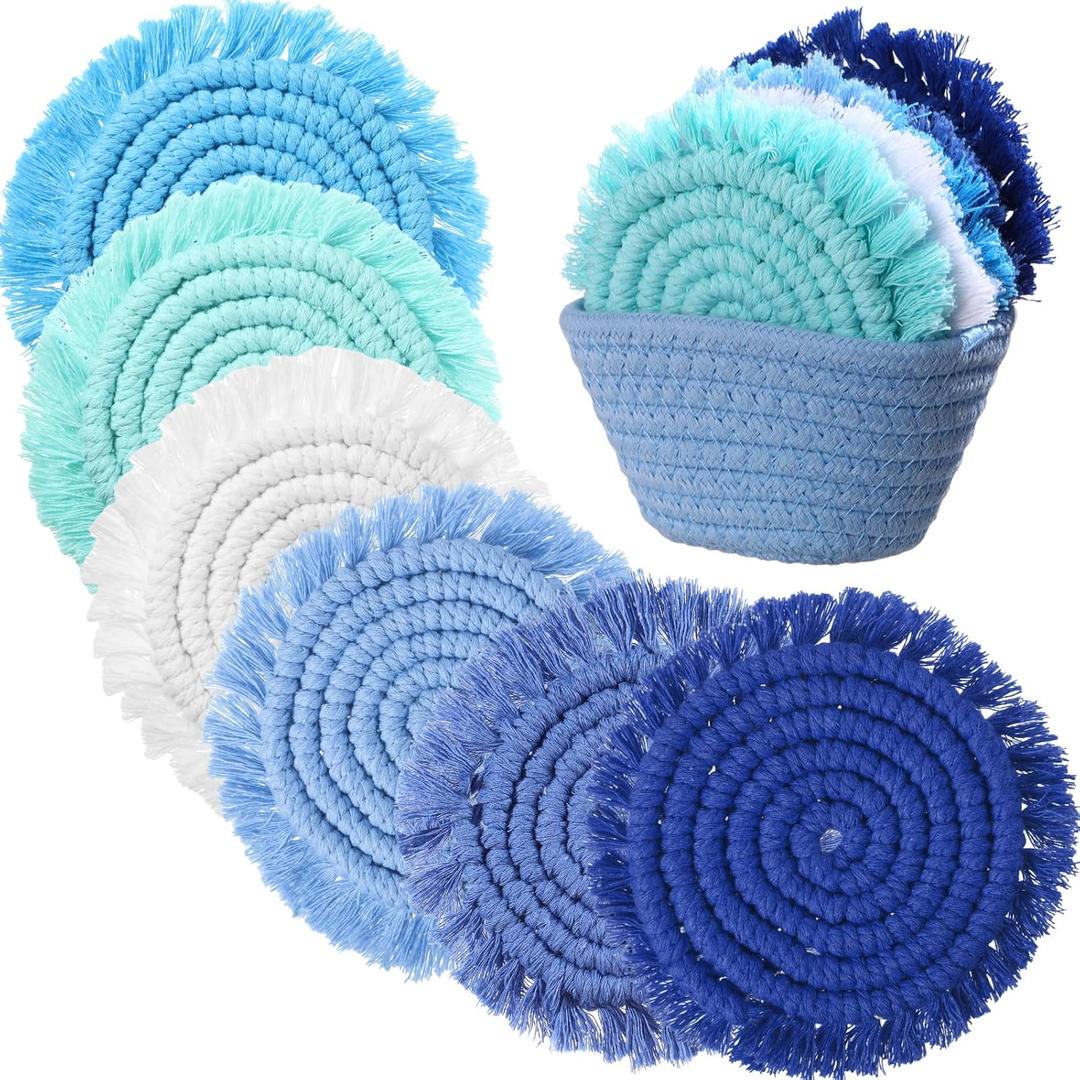 Coasters Set of 6 for Drinks Boho Absorbent Woven Cotton Coaster with Holder Farmhouse Tassel Macrame Cup Mat Housewarming Gift for Coffee Table Home Kitchen Office Decoration, 4 in(Beach Color)