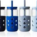 Glass Cups with Lids and Straws (4 Pack), 16oz Drinking Glasses Set with Silicone Sleeves for Coffee Bar Accessories Iced Coffee Cups with Lids, Glass Tumbler Reusable for Gifts (Navy)