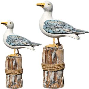 2Pcs Wooden Seagull Figurine 2 Size Mediterranean Style Seabird Statue with Base Nautical Coastal Decor for Home Bedroom