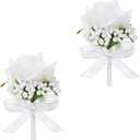 White Rose Boutonniere for Men, Set of 2, Groom and Best Man Artificial Boutonnieres, for Wedding Anniversary Ceremony Dinner Prom Party Flower Decorations