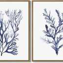 LHZSJWDCCR Sea Coral Wall Art Navy Blue Ocean Coral Painting Prints Coastal Beach Themed Picture Watercolor Corals Wall Decor Framed for Living Room Bedroom Bathroom Decoration Gifts - 11"x14"x2Pcs