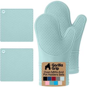 GORILLA GRIP BPA-Free Soft Silicone Oven Mitts and Pot Holders Sets of 4, Heat Resistant Waterproof Cooking Gloves, Thick Cotton Lining, Flexible Gripping for Baking Grilling, Kitchen Trivets, Mint