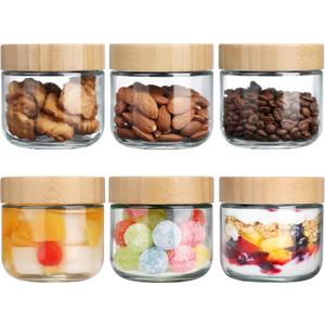 OcePor 6 Pack 10oz Glass Jars with Bamboo Lids, Over Night Oats Container with Airtight Lid, Glass Snack Storage Salad Jars For Food, Yogurt, Sugar and Flour,Coffee Bean, Cookie, Cereal, 6 Pack