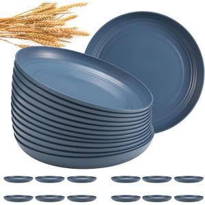 12 Pcs Unbreakable Deep Dinner Plates Set, 9 inch Reusable Plastic Wheat Straw Plates, Microwave and Dishwasher Safe Plate for Kitchen, Lightweight Plate for Dessert, BPA Free, Dark Blue